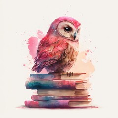 Fototapeta  a watercolor painting of a owl sitting on a stack of books with a pink background and watercolor splashes on the back of the book pages, and the owl is sitting on top of the stack. generative ai obraz