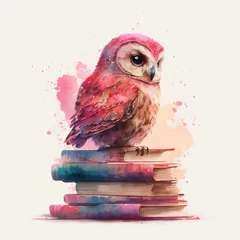 Foto op Plexiglas  a watercolor painting of a owl sitting on a stack of books with a pink background and watercolor splashes on the back of the book pages, and the owl is sitting on top of the stack. generative ai © Oleg
