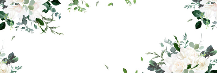 Ivory roses, white peony and magnolia, cedar, fern, eucalyptus, fern, salal, greenery, vector horizontal design banner
