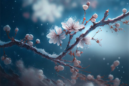 beautiful branch, mild fairy mist, pale blue plum blossom, plum blossom.generative ai.