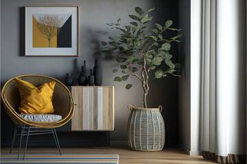 Modern home interior with rattan furniture and dry plant in vase, 3d render