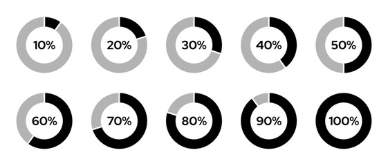 Icon Set of circle percentage diagram. Progress or loading circle symbols from 10 to 100. Vector illustration