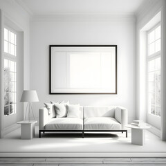 Blank poster frame mockup in modern white clean interior furniture, living room, modern contemporary style, minimalistic
