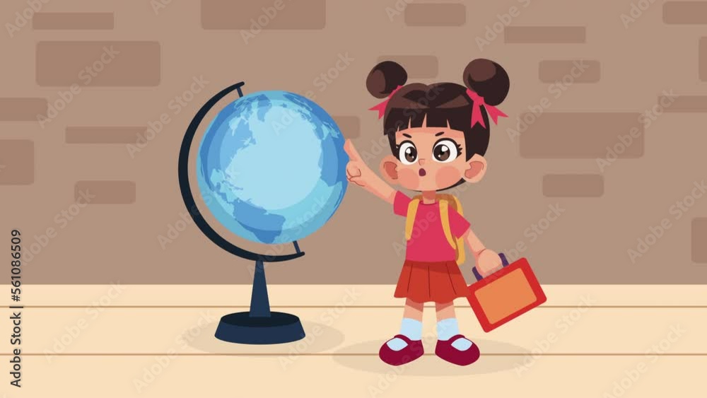 Poster little student girl with lunchbox animation