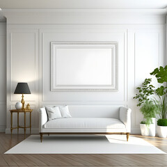 Blank poster frame mockup in modern white clean interior furniture, living room, modern contemporary style, minimalistic