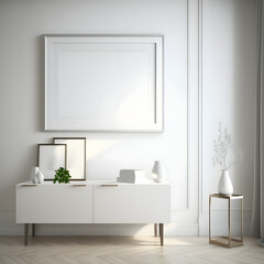 Naklejka na ściany i meble Blank poster frame mockup in modern white clean interior furniture, living room, modern contemporary style, minimalistic