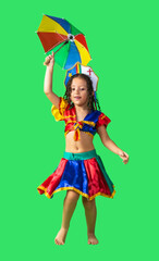Brazilian child, girl, dressed in carnival outfit, dancing with frevo umbrella. Little girl, brazilian, with frevo clothes, carnival. dancing frevo.
