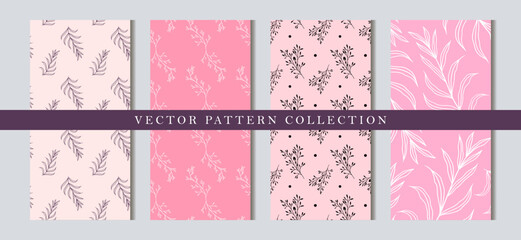 Set of vector seamless patterns with flowers, branches and leaves in gentle pink tones