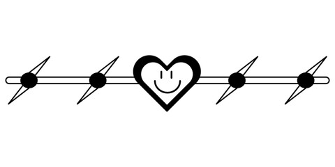 Tattoo barbed wire with a heart in the style of the 90s, 2000s. Black and white single object illustration.