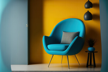 Modern interior room with armchair.Blue and yellow wall background.3d rendering