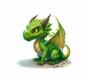 Obraz premium Cute baby bright green fantasy dragon, with big eyes, wings and horns on a white background. Realistic detailed, photo theme, made by AI generation. 