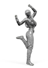 cosmonaut girl is dancing in pin up pose on white background