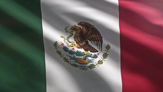 Swinging the national flag of mexico country. National mexico flag in green white and red colours. National mexico flag with a golden eagle eating a rattlesnake coat of arms symbol. Tricolour.