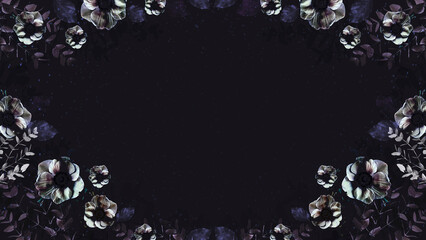 Magical dark floral botanical pattern frame background, moody and trendy luxury aesthetic. Space for text and copy, design, Invitations, Websites
