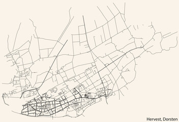 Fototapeta na wymiar Detailed navigation black lines urban street roads map of the HERVEST DISTRICT of the German town of DORSTEN, Germany on vintage beige background