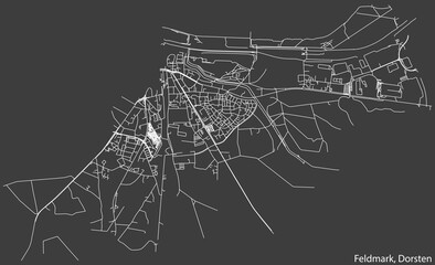 Detailed negative navigation white lines urban street roads map of the FELDMARK DISTRICT of the German town of DORSTEN, Germany on dark gray background