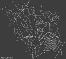 Detailed negative navigation white lines urban street roads map of the DEUTEN DISTRICT of the German town of DORSTEN, Germany on dark gray background
