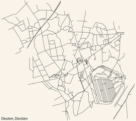 Detailed navigation black lines urban street roads map of the DEUTEN DISTRICT of the German town of DORSTEN, Germany on vintage beige background