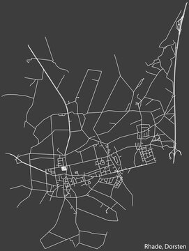Detailed negative navigation white lines urban street roads map of the RHADE DISTRICT of the German town of DORSTEN, Germany on dark gray background