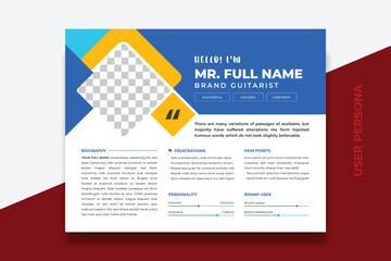 User Persona Document Template Vector Illustration. Examples of User Personas template. Persona Document. Persona Template for UI UX designer. User Persona vector horizontal template with blue color.