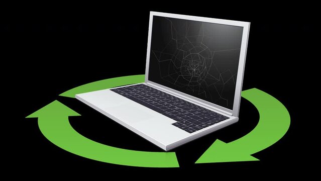 3D laptop computer with broken screen in the middle of green circular recycling symbol with the three arrows spinning in a loop (alpha channel)