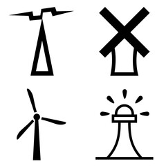 Black and white vector graphic of a set of map symbols for countryside man made structures. A black silhouette of a windmill, an electricity mast, a wind turbine and a lighthouse on a white background
