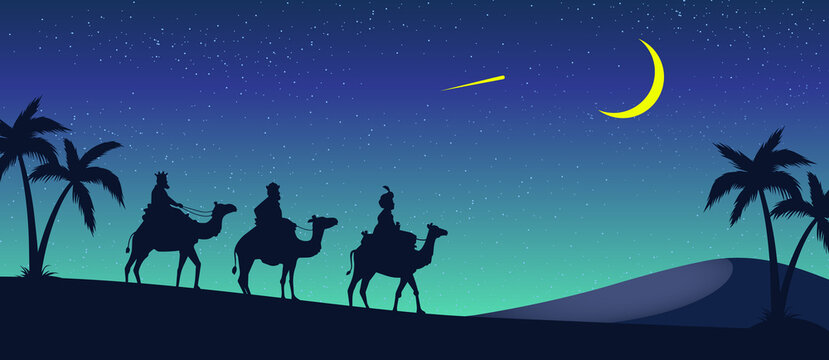 illustration of three kings walking in the desert towards belen, three magics kings walking in the starry night, wise kings, reyes magos	