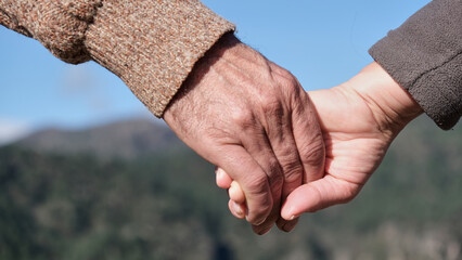 Pareja de enamorados ancianos dándose la mano en la naturaleza