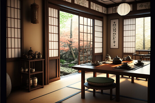 Traditional Japanese Tea Room Interior With Tatami Mats.3d Rendering