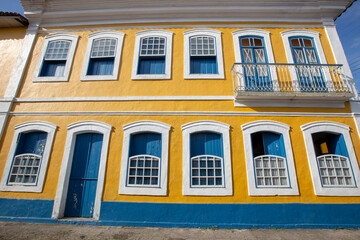 Facade of colonial house in Iguape, historic city on the south coast of Sao Paulo state, Brazil