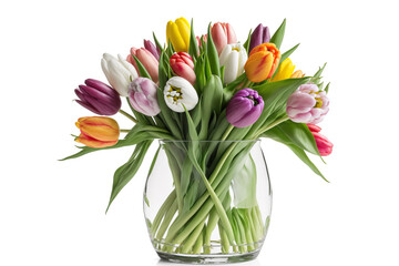 Bouquet colorful tulips isolated on white background. Spring flowers decoration. Generative AI