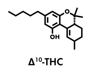 Delta-10-tetrahydrocannabinol (D10-THC) molecule. Isomer of Delta-9-THC. Skeletal formula.