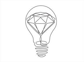 Continuous one single line drawing innovation Light bulb and diamond, brilliant inside. Icon vector illustration concept