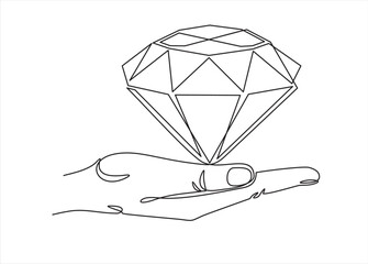 Continuous one line drawing of Hand holding a brilliant, diamond. Can used for logo, emblem, slide show and banner.One line vector illustration.