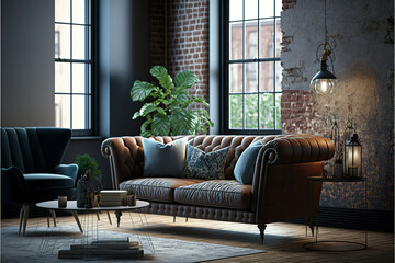 ndustrial loft living room interior with sofa,chair and brick wall.3d rendering