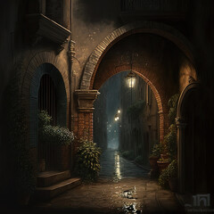 Obraz premium Old European narrow empty street of medieval town on evening. Generative AI
