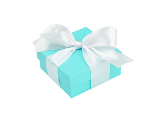 Turquoise gift box with white ribbon isolated on transparent background