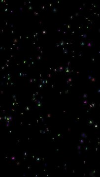 falling colourful numbers and symbols against black background, Unicode rain, vertical video