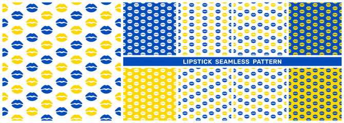 Set of lipstick seamless pattern in Ukraine flag color. Love background vector graphic illustration. Valentine seamless texture for packaging merch and wrapping paper design, decorative textile print