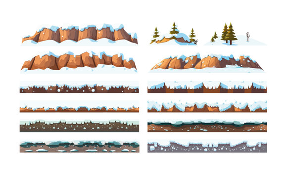 2D Game Level Ground Assets Set, Snow, Dirt, Platformer Game Elements, Seamless Level Builder Elements