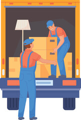 House moving service. Workers carrying boxes to truck