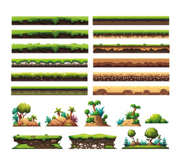 2D game level ground assets set, grass, sand, dirt, platformer game elements, seamless level builder elements