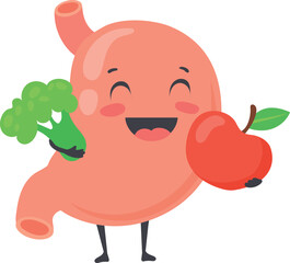 Happy stomach with fresh vegetables and fruits. Healthy nutrition