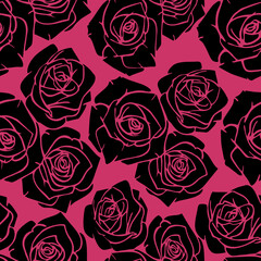 seamless graphic pattern of black silhouettes of roses on a pink background, texture, design