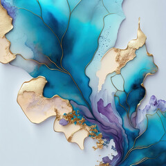 Ink painting gold & blue abstract on white background - generated by Generative AI
