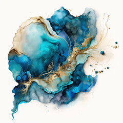 Ink painting gold & blue abstract on white background - generated by Generative AI