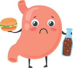 Sad stomach with fast food. Unhealthy digestion problem