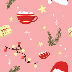winter christmas pattern with cup, gift, hat, christmas tree branch, garland