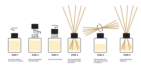Step-by-step instructions for reed diffuser. Instructions for home fragrance, aroma diffuser. Set of vector icons with descriptive text on white background - obrazy, fototapety, plakaty
