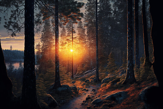 Beautiful landscape in the morning a picture of a pine forest